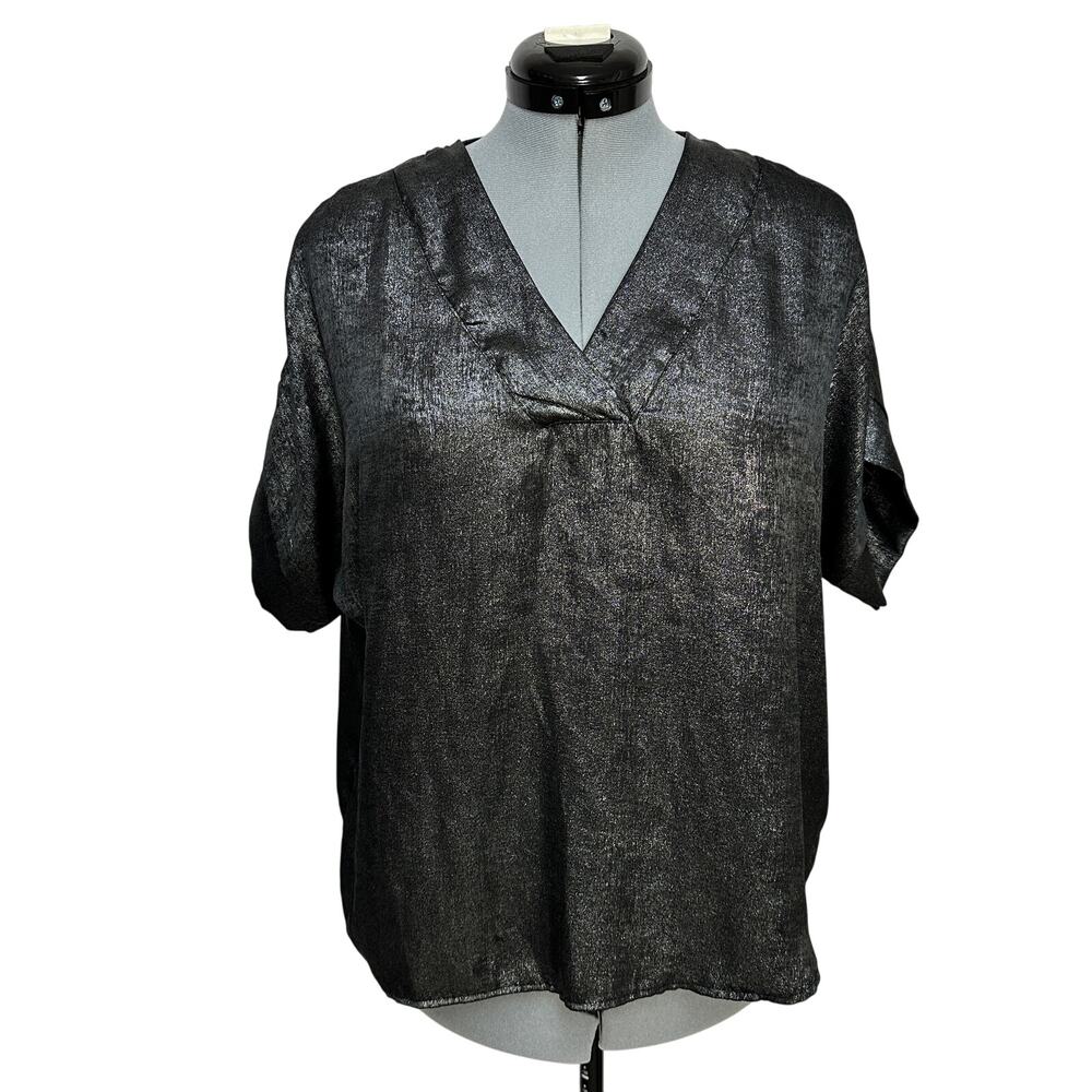 Sofia Made In Italy Silver Metallic Blouse Short Sleeve Oversized Top